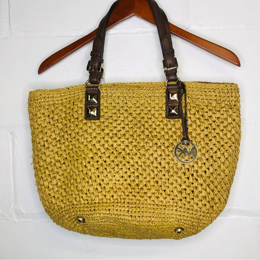 Michael Kors Santorini Tan Large Shopper Tote Bag Purse Rafia Leather